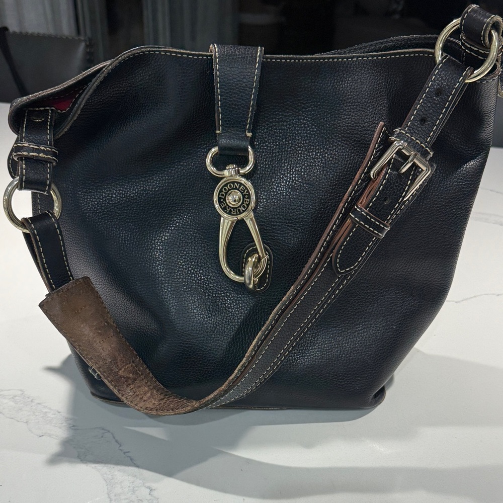 Dooney & Bourke Black Two tone Leather Bucket Bag with chunky Gold Hardware